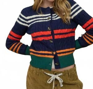 NEW BLU PEPPER stripe cable knit button down cardigan in navy multi